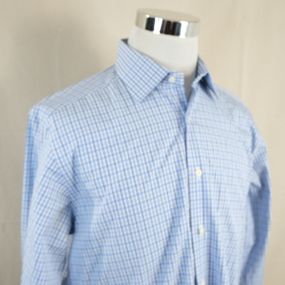 David Donahue 16 32/33 Regular Fit Dress Shirt Blue White Check Cotton Mens